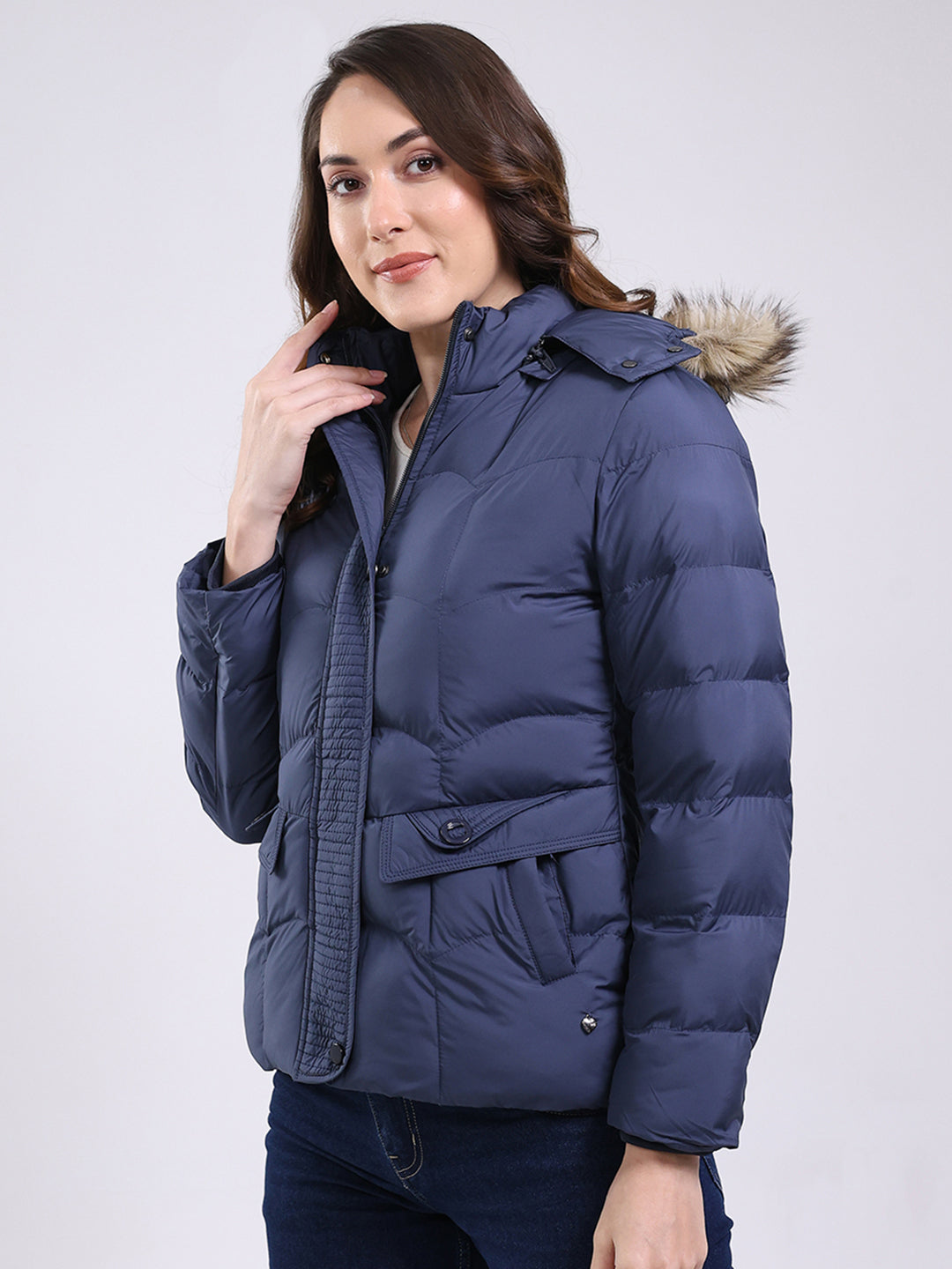 Women Navy Blue Solid Hooded Full Sleeve Jacket