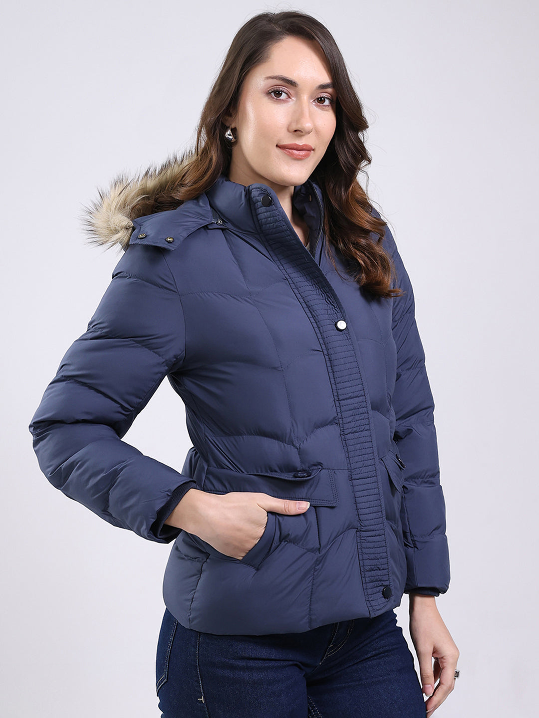 Women Navy Blue Solid Hooded Full Sleeve Jacket