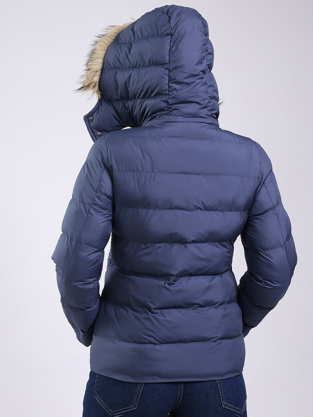 Women Navy Blue Solid Hooded Full Sleeve Jacket