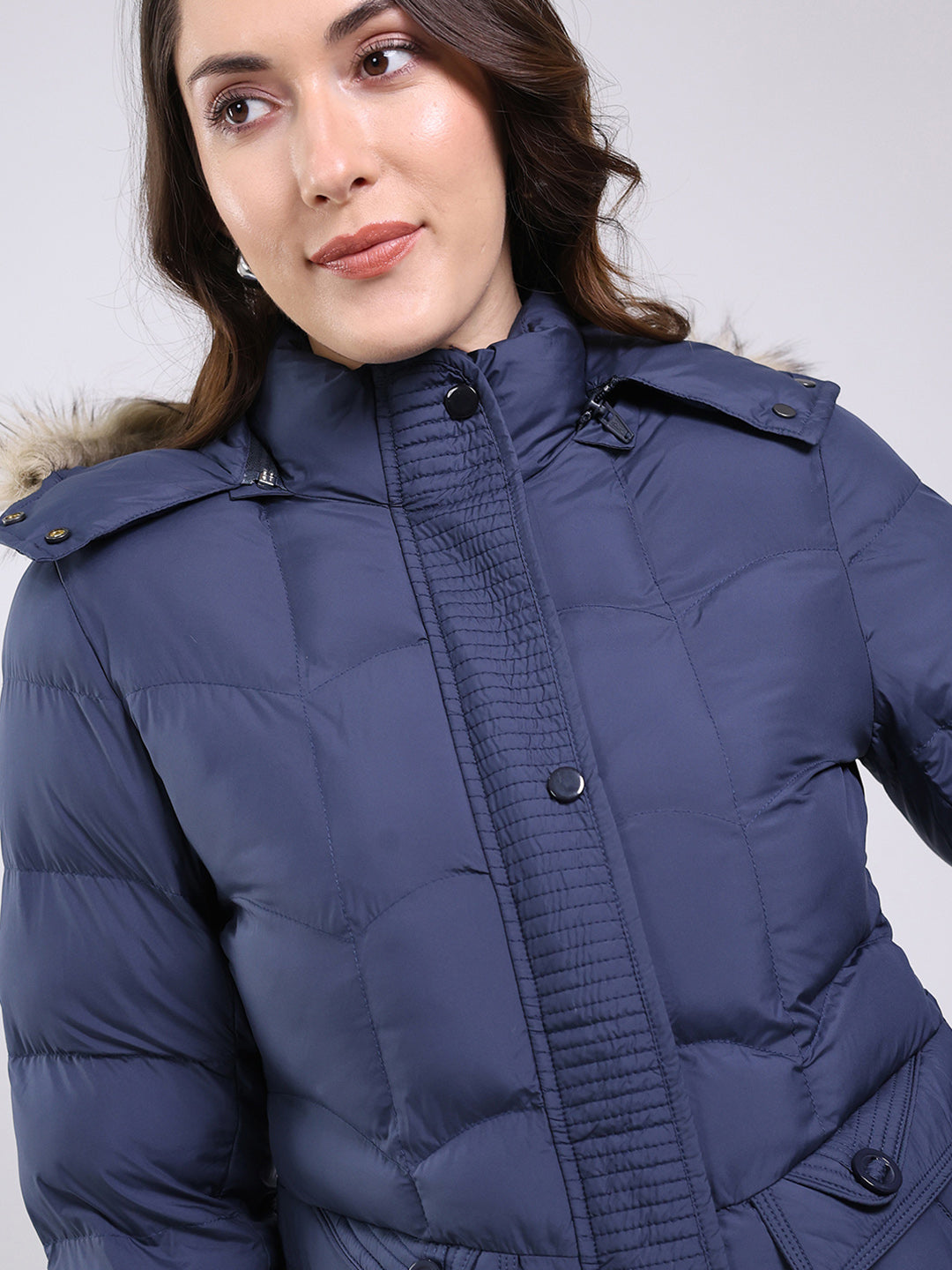 Women Navy Blue Solid Hooded Full Sleeve Jacket
