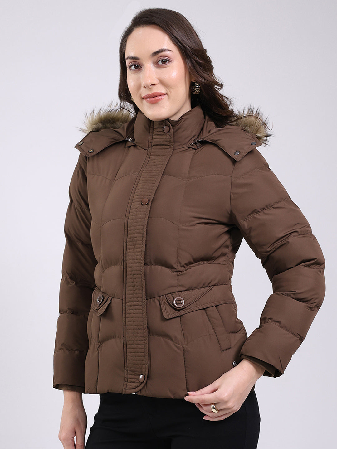 Women Brown Solid Hooded Full Sleeve Jacket