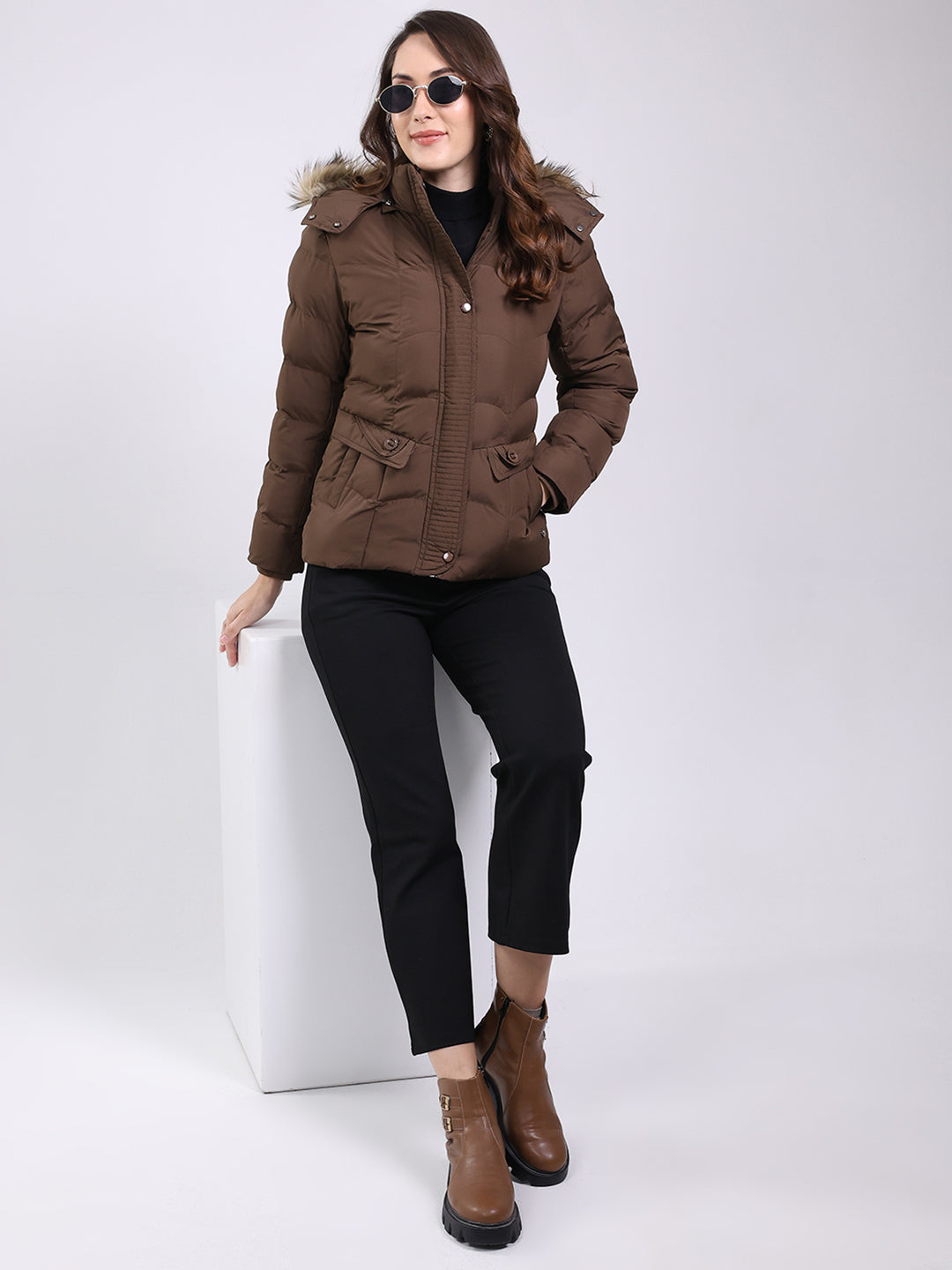 Women Brown Solid Hooded Full Sleeve Jacket