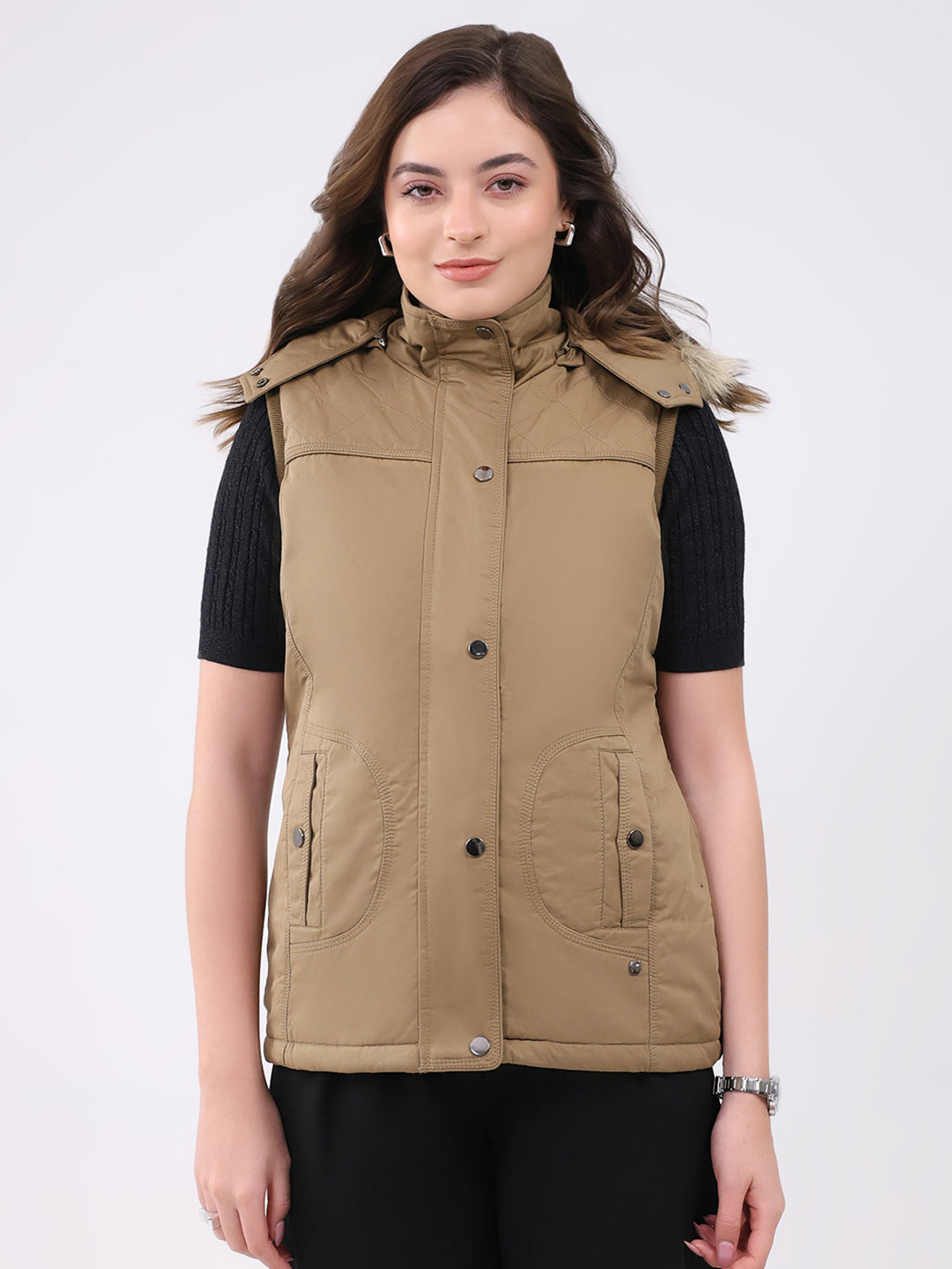 Women Khaki Solid Hooded Sleeveless Jacket