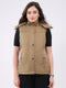 Women Khaki Solid Hooded Sleeveless Jacket