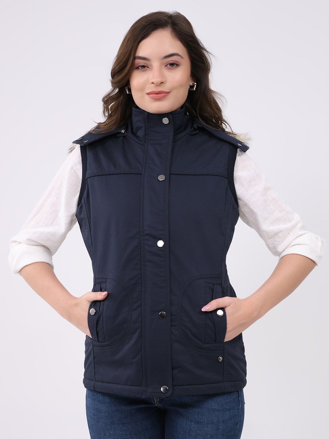 Women Navy Blue Solid Hooded Sleeveless Jacket