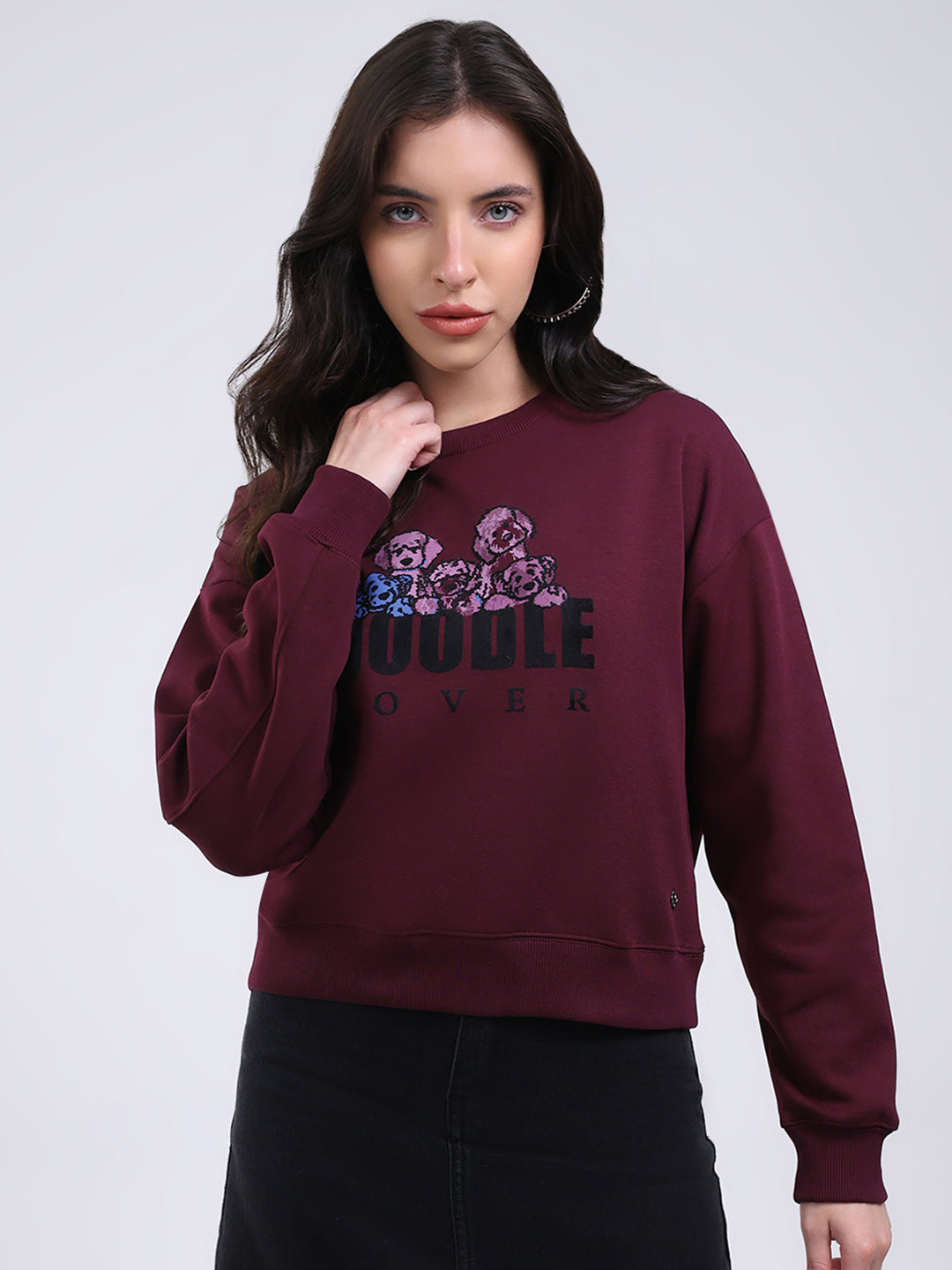 Women Burgundy Printed Round Neck Full Sleeve Sweatshirt