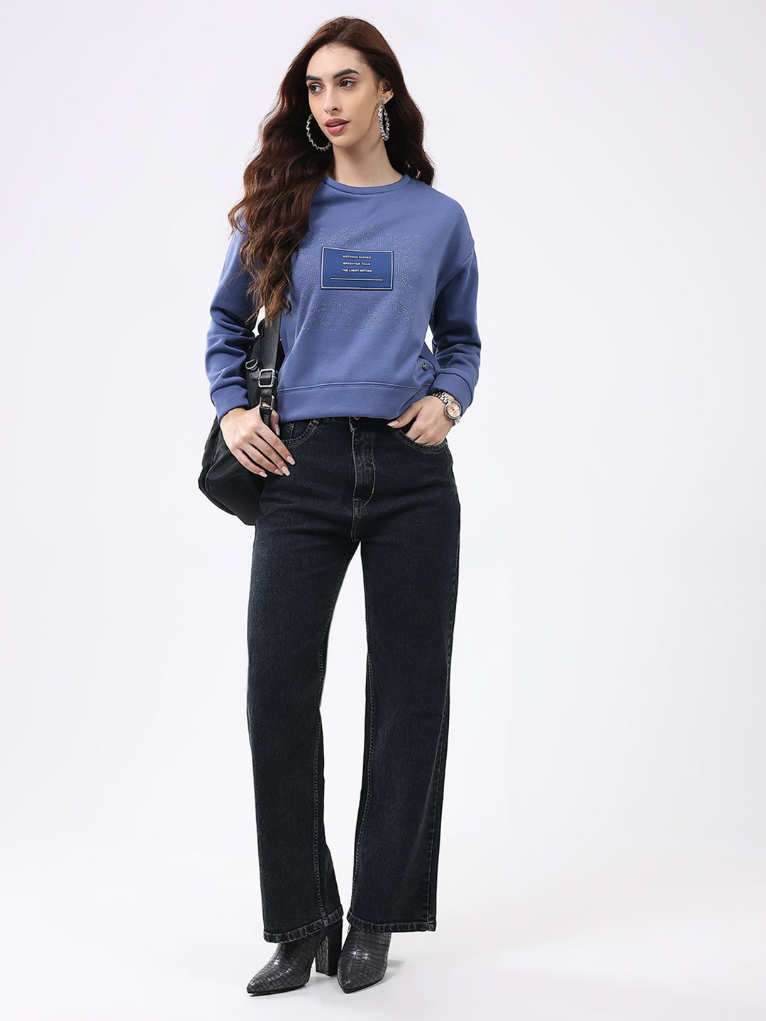 Women Blue Printed Round Neck Full Sleeve Sweatshirt