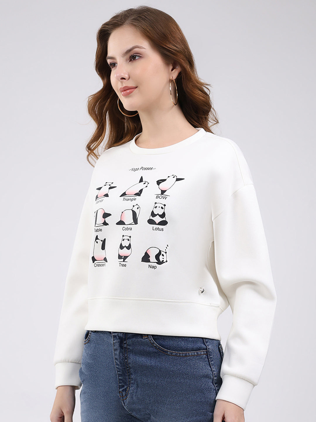Women Off White Printed Round Neck Full Sleeve Sweatshirt