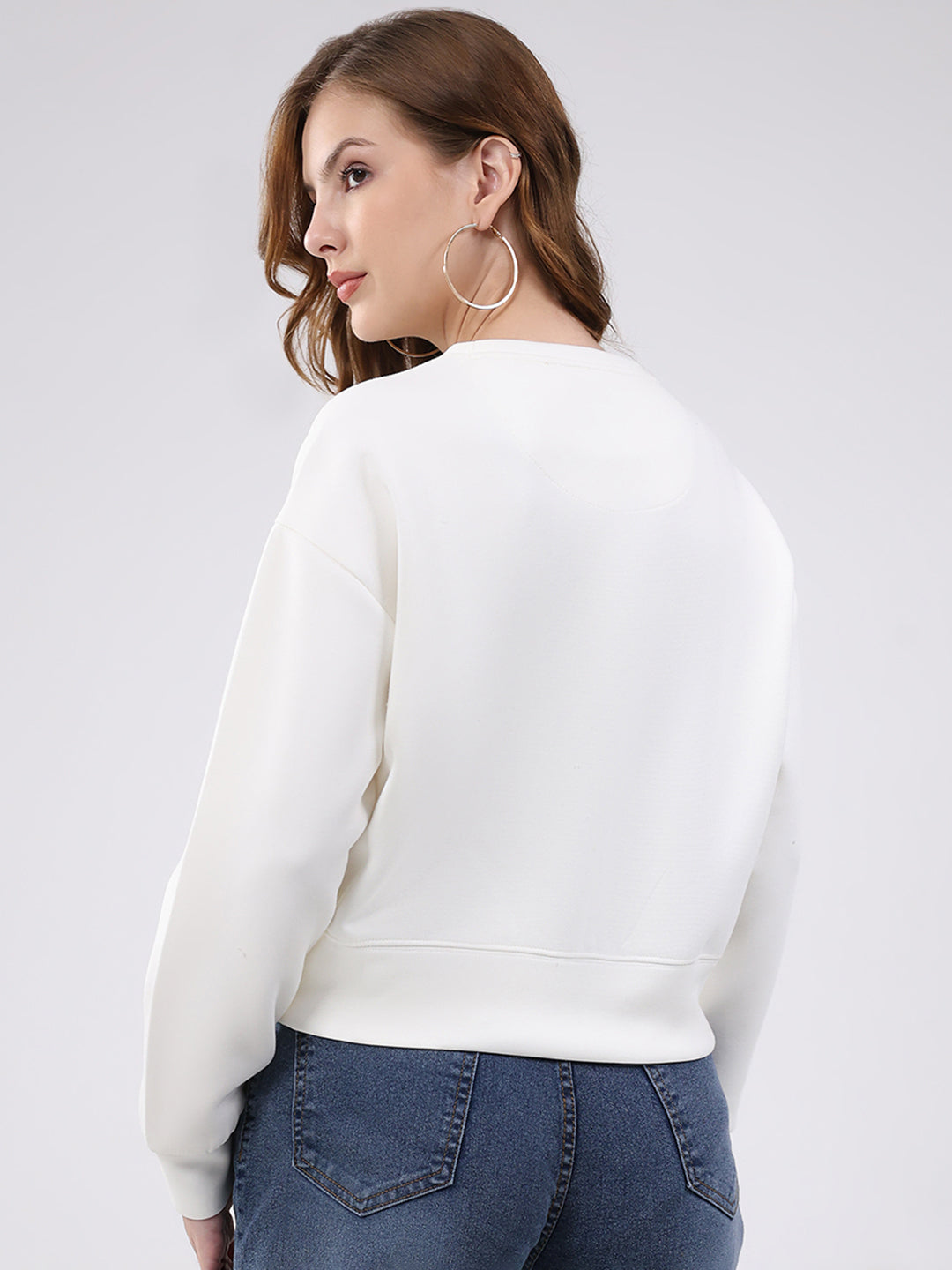 Women Off White Printed Round Neck Full Sleeve Sweatshirt