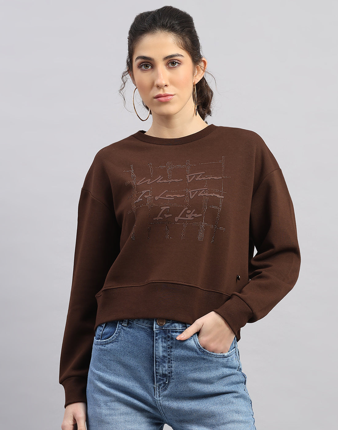 Women Brown Printed Round Neck Full Sleeve Sweatshirt