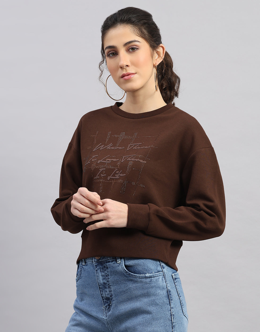 Women Brown Printed Round Neck Full Sleeve Sweatshirt