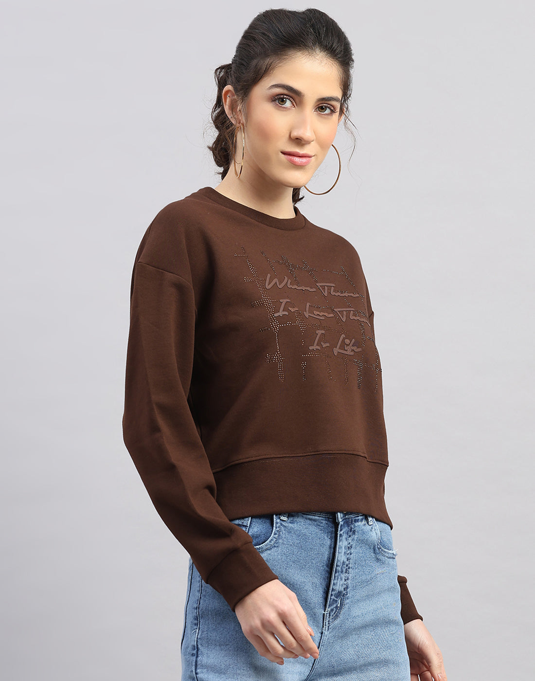 Women Brown Printed Round Neck Full Sleeve Sweatshirt