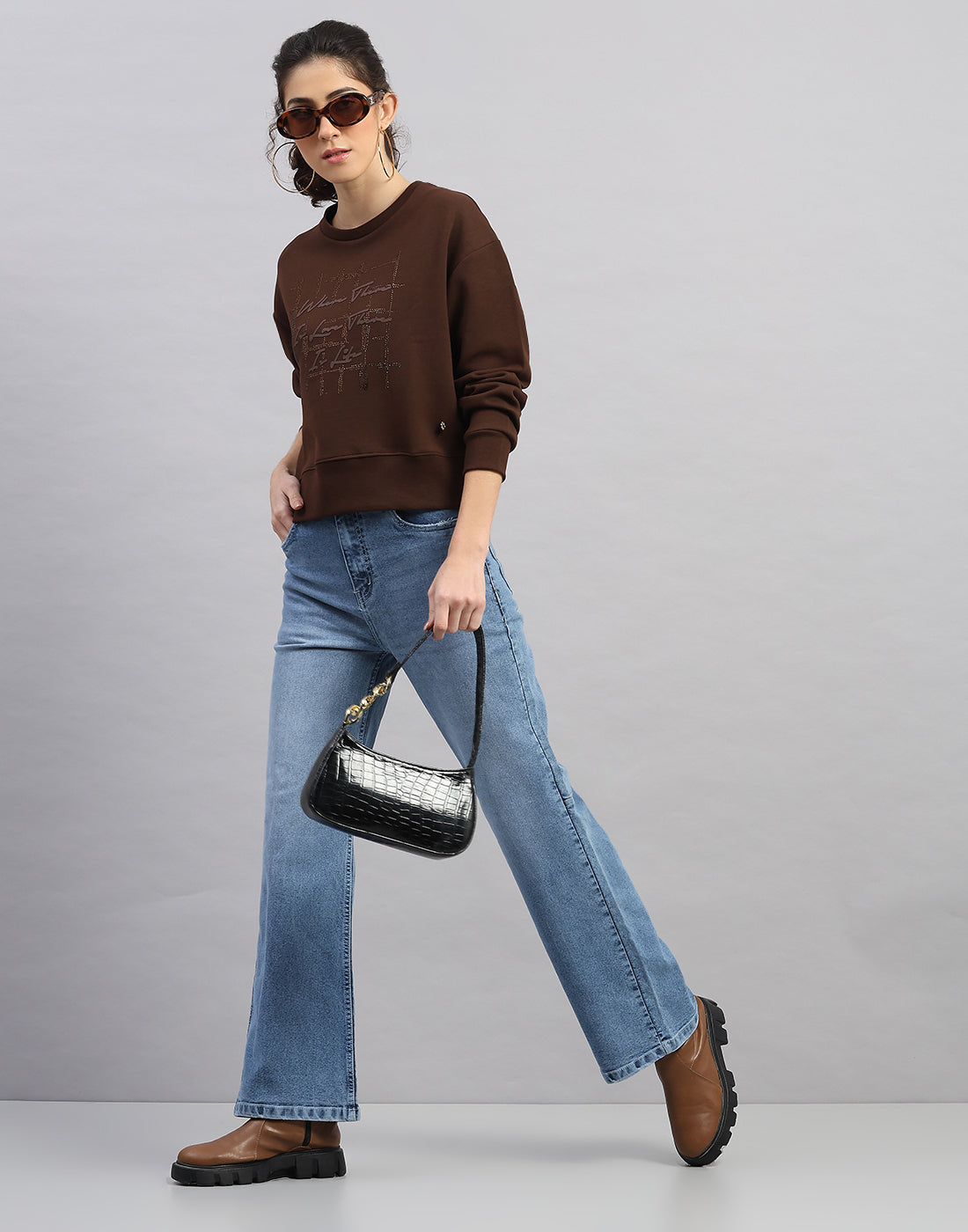 Women Brown Printed Round Neck Full Sleeve Sweatshirt