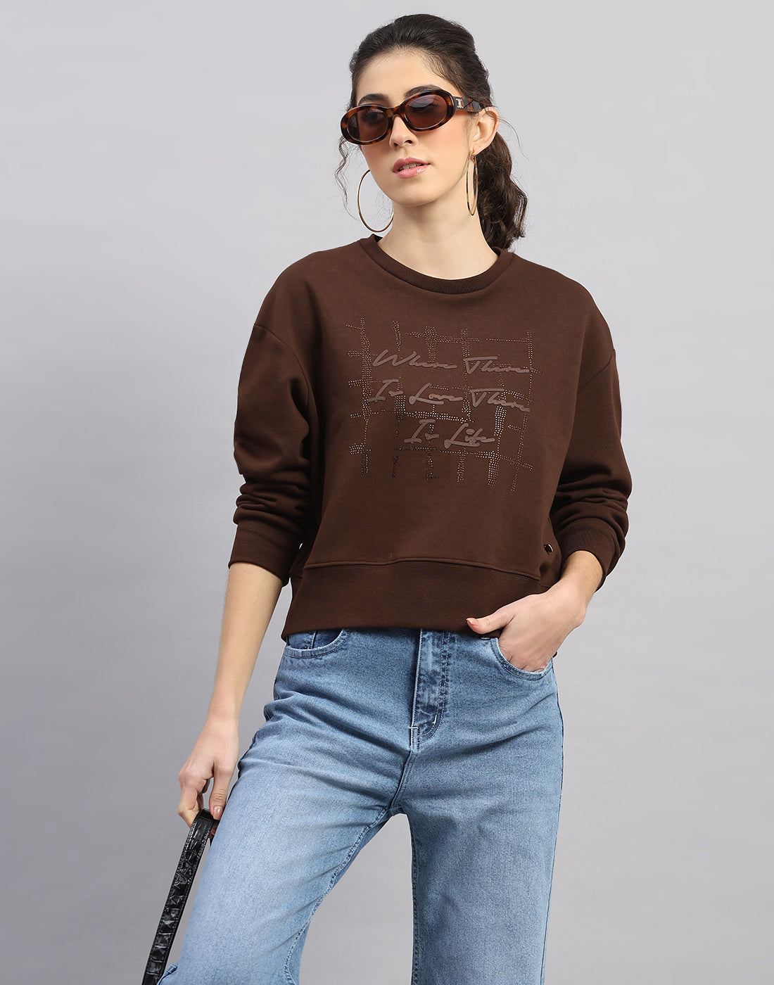 Women Brown Printed Round Neck Full Sleeve Sweatshirt