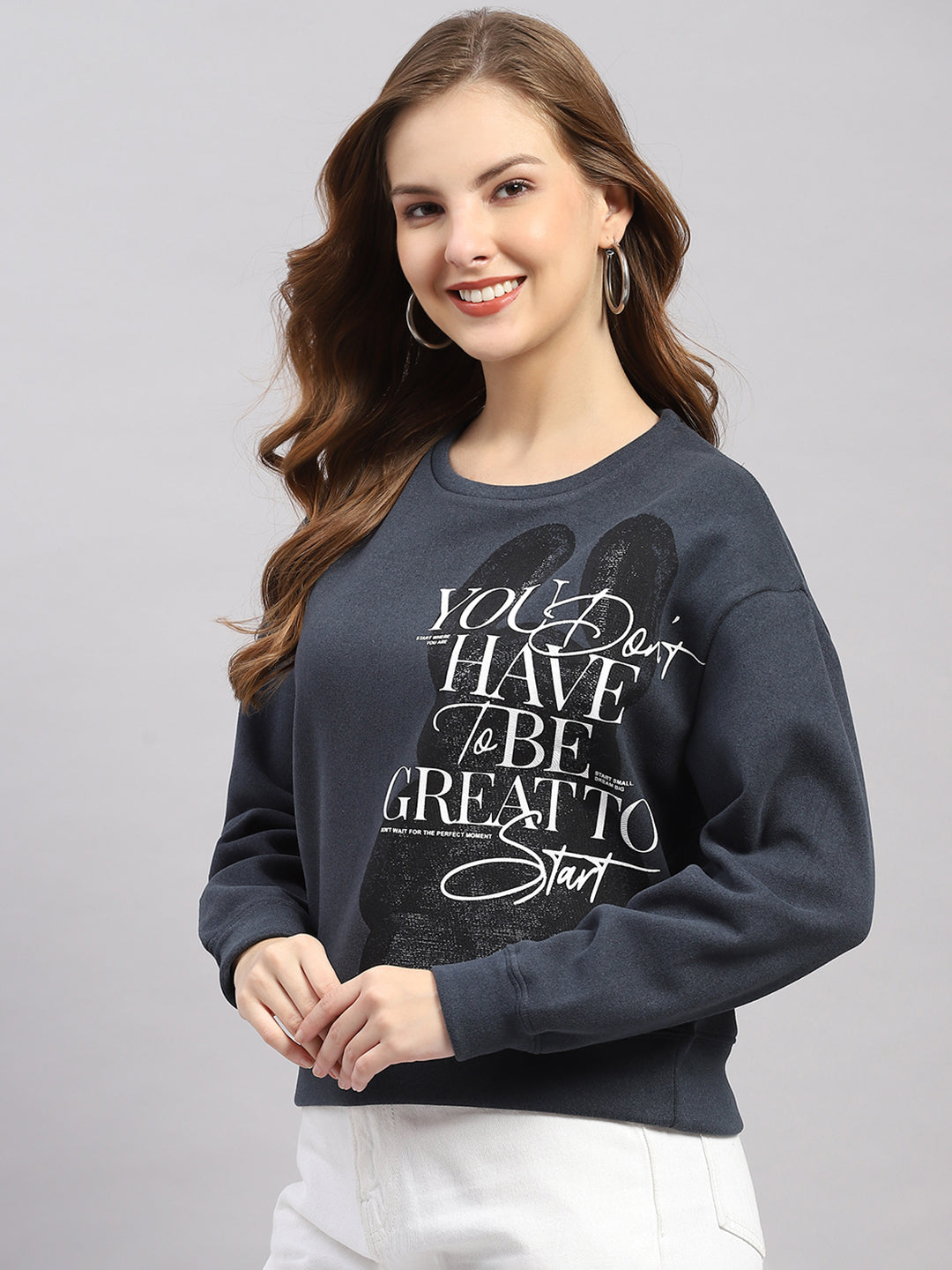 Women Navy Blue Printed Round Neck Full Sleeve Sweatshirt