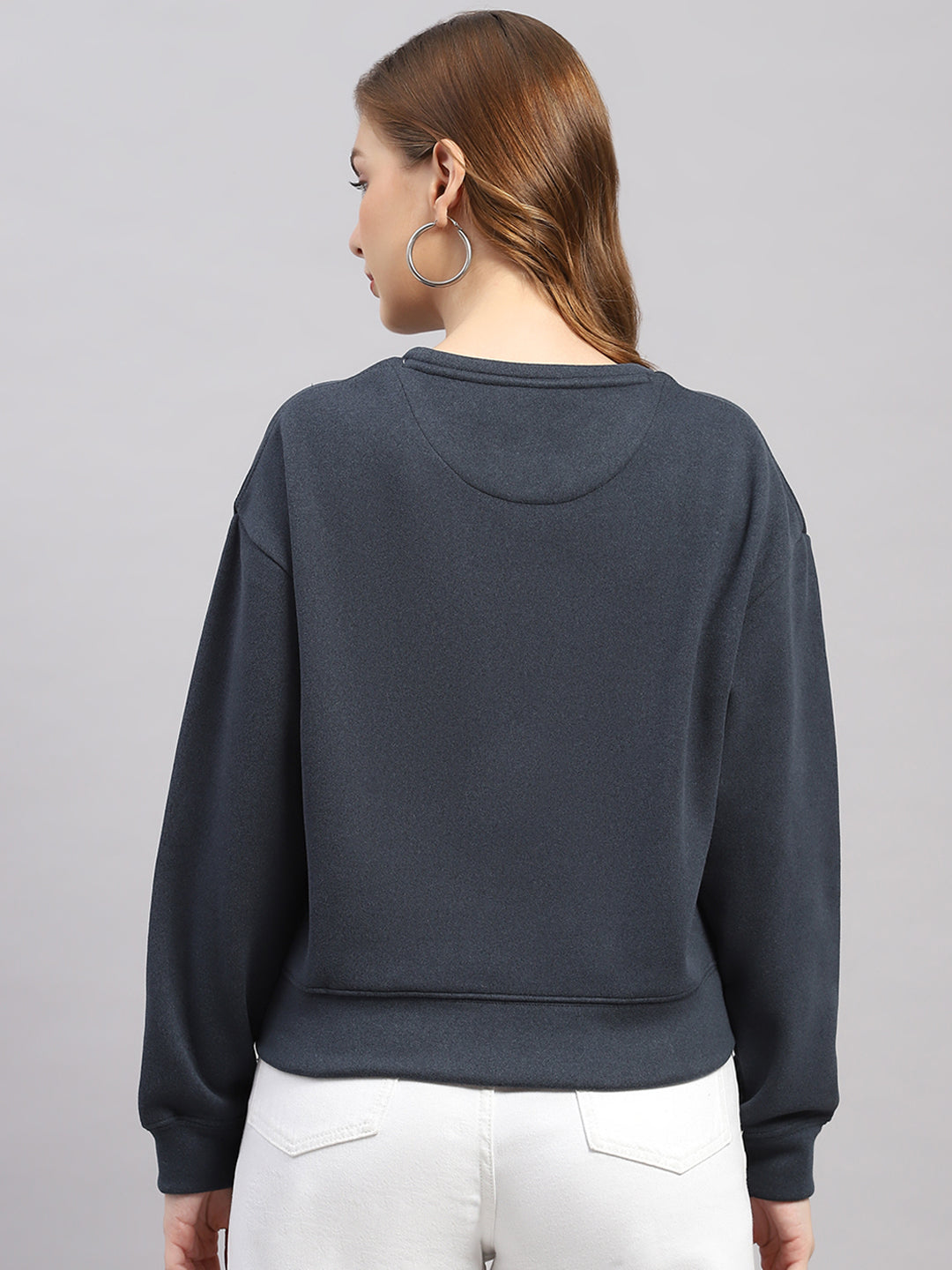 Women Navy Blue Printed Round Neck Full Sleeve Sweatshirt