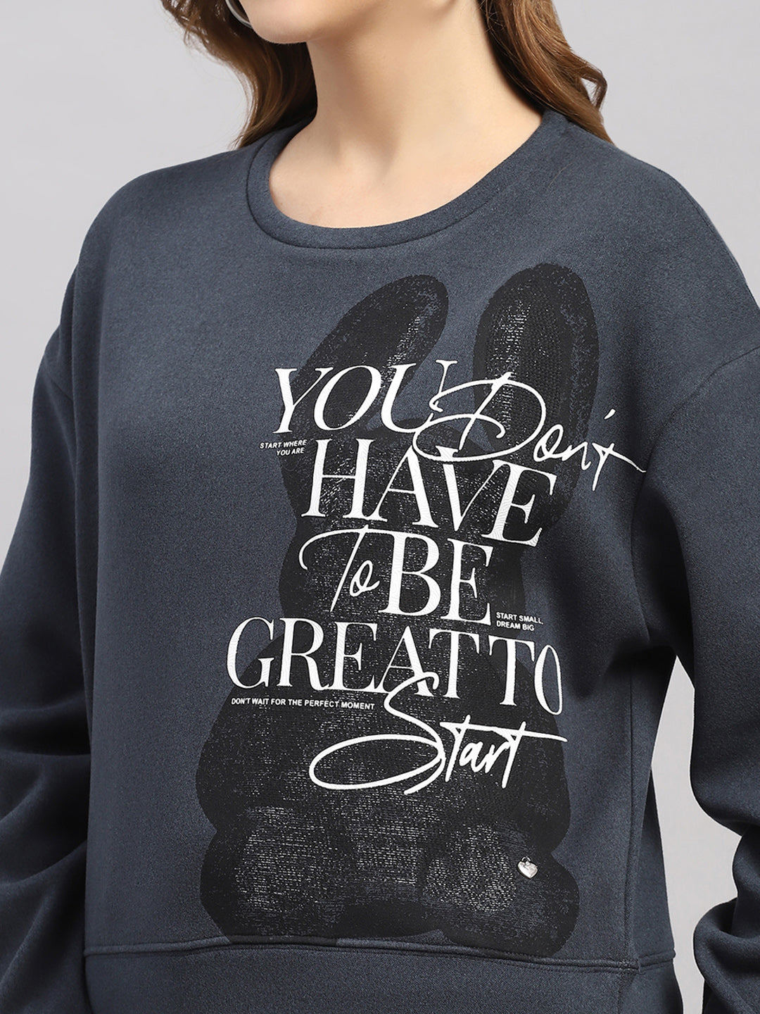 Women Navy Blue Printed Round Neck Full Sleeve Sweatshirt