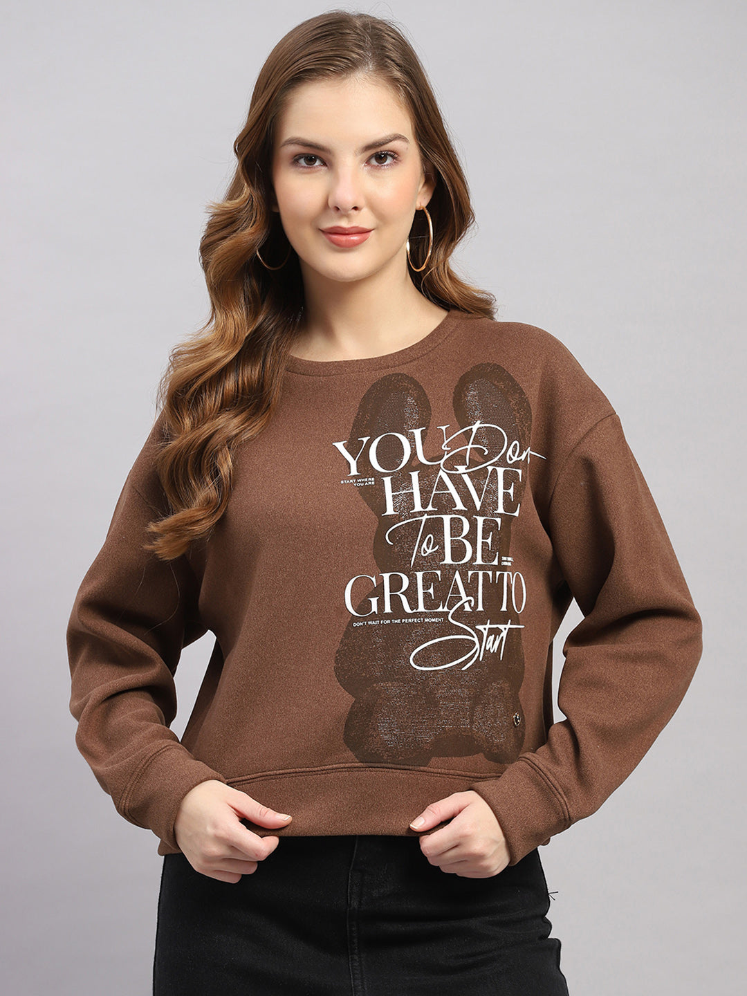 Women Brown Printed Round Neck Full Sleeve Sweatshirt