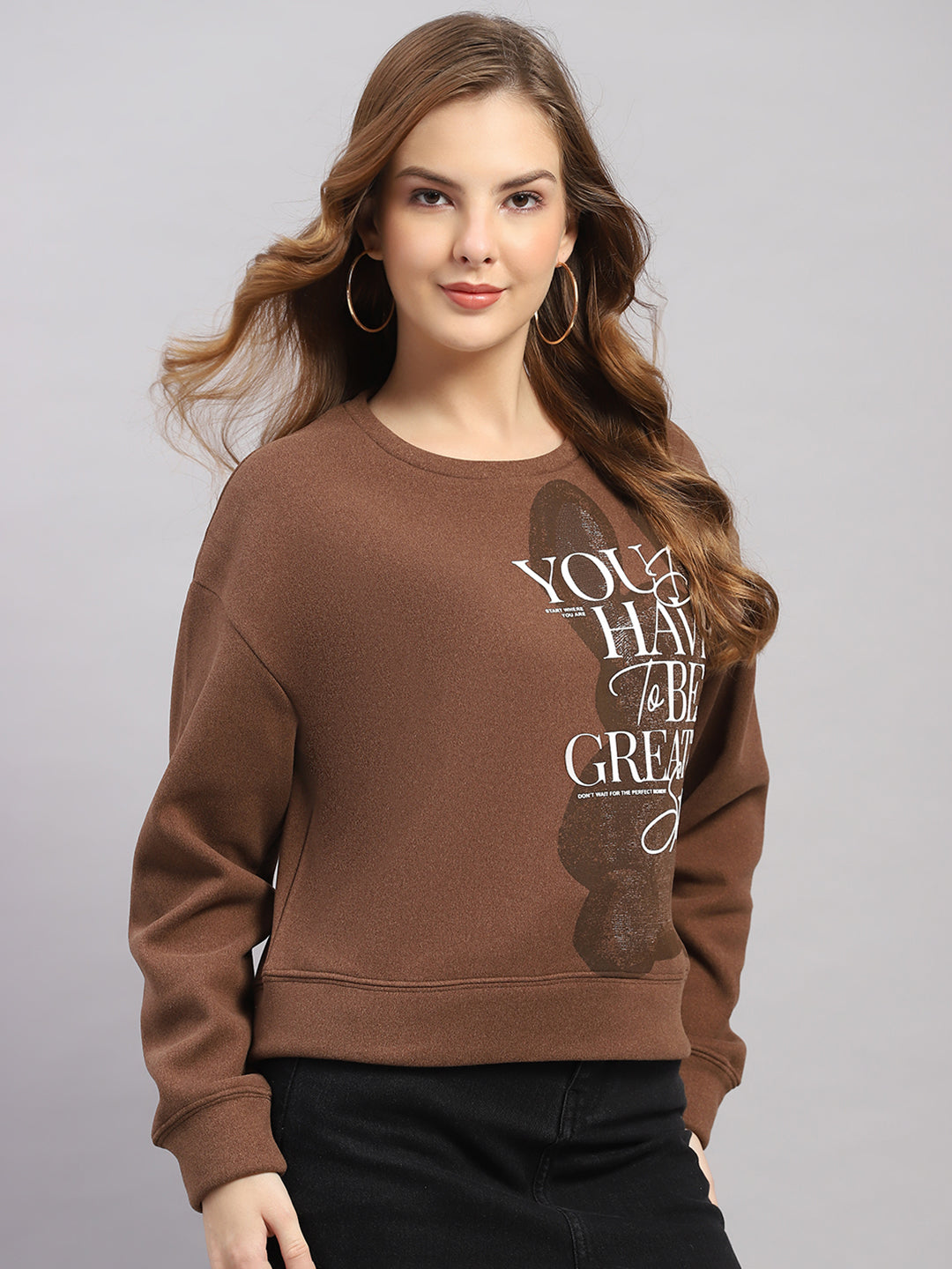 Women Brown Printed Round Neck Full Sleeve Sweatshirt