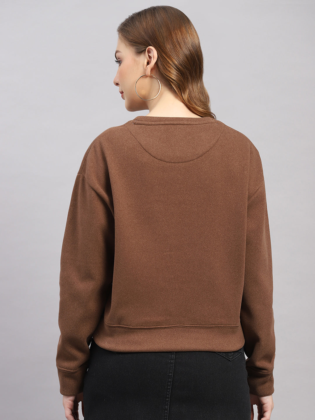 Women Brown Printed Round Neck Full Sleeve Sweatshirt
