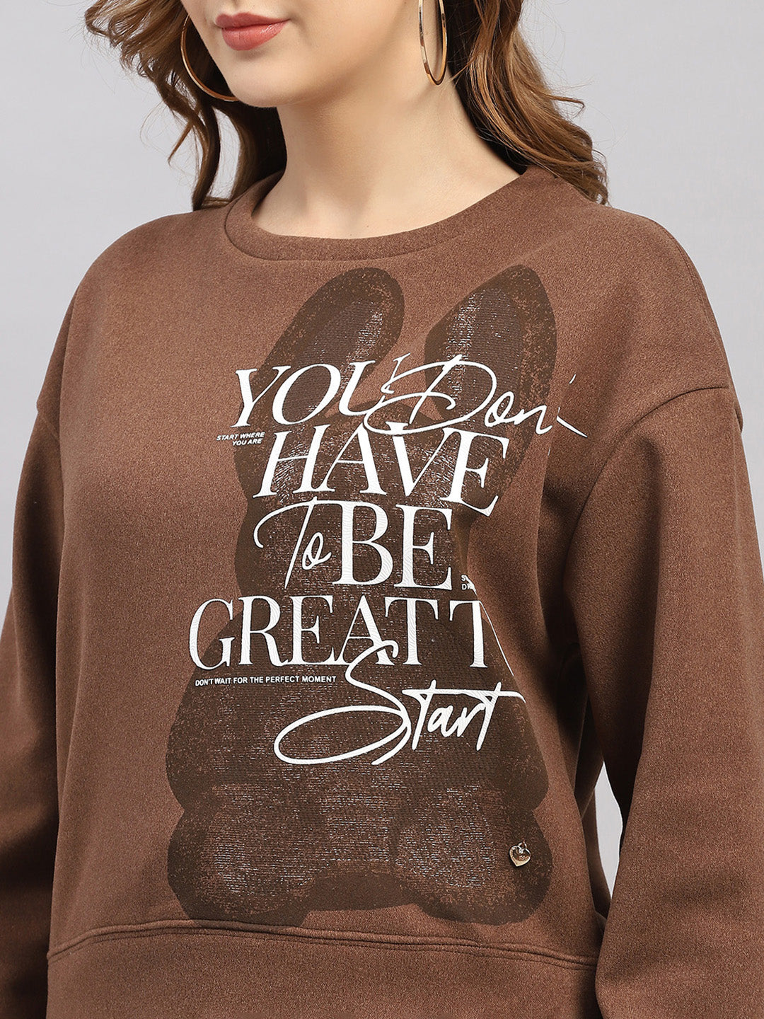 Women Brown Printed Round Neck Full Sleeve Sweatshirt