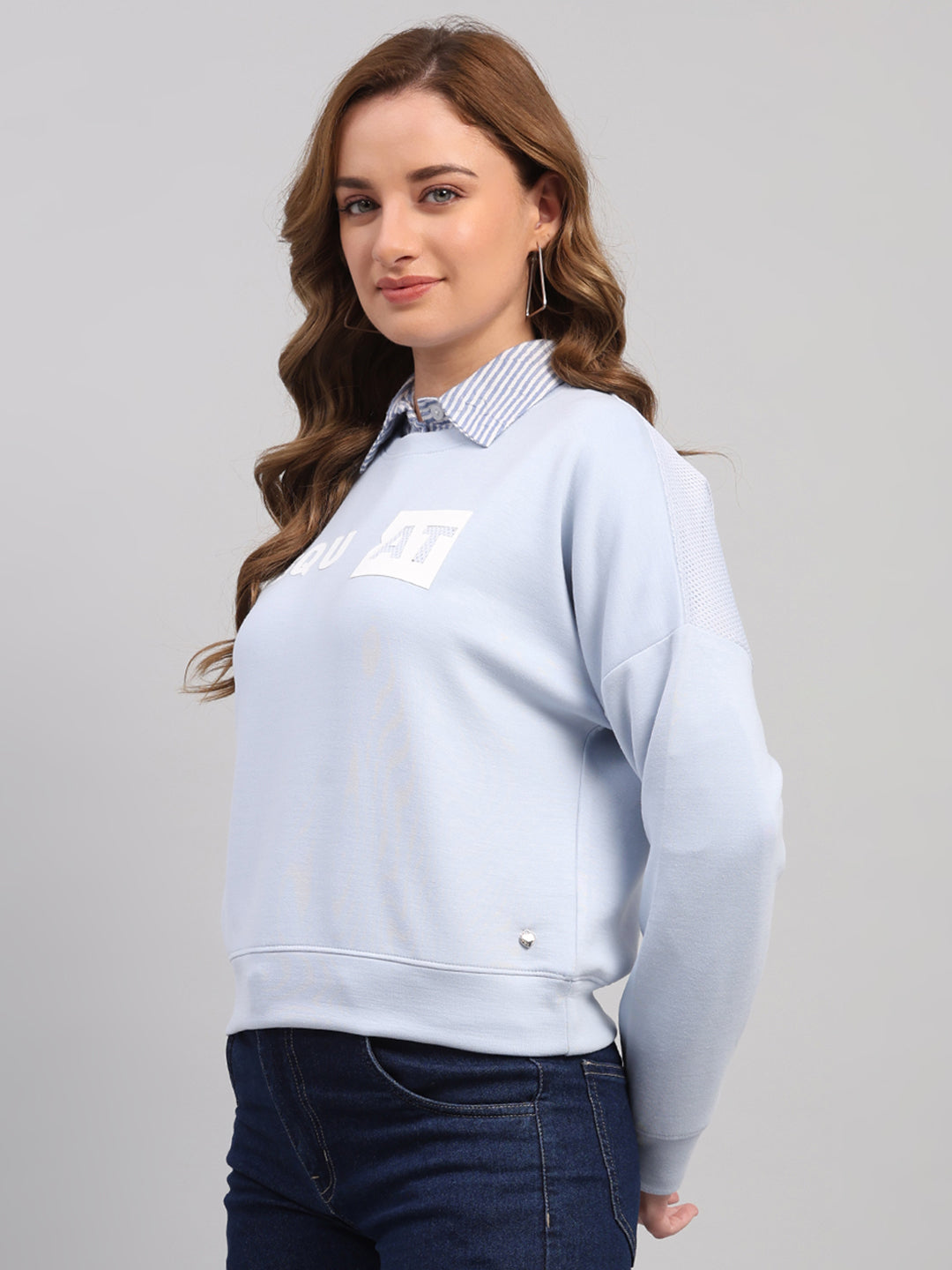 Women Sky Blue Printed Round Neck Full Sleeve Sweatshirt