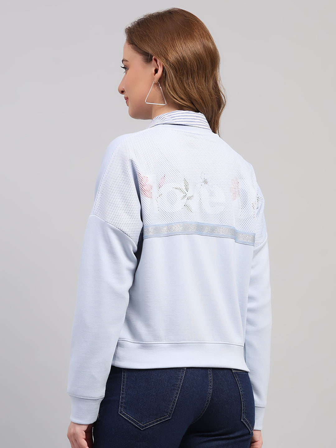 Women Sky Blue Printed Round Neck Full Sleeve Sweatshirt