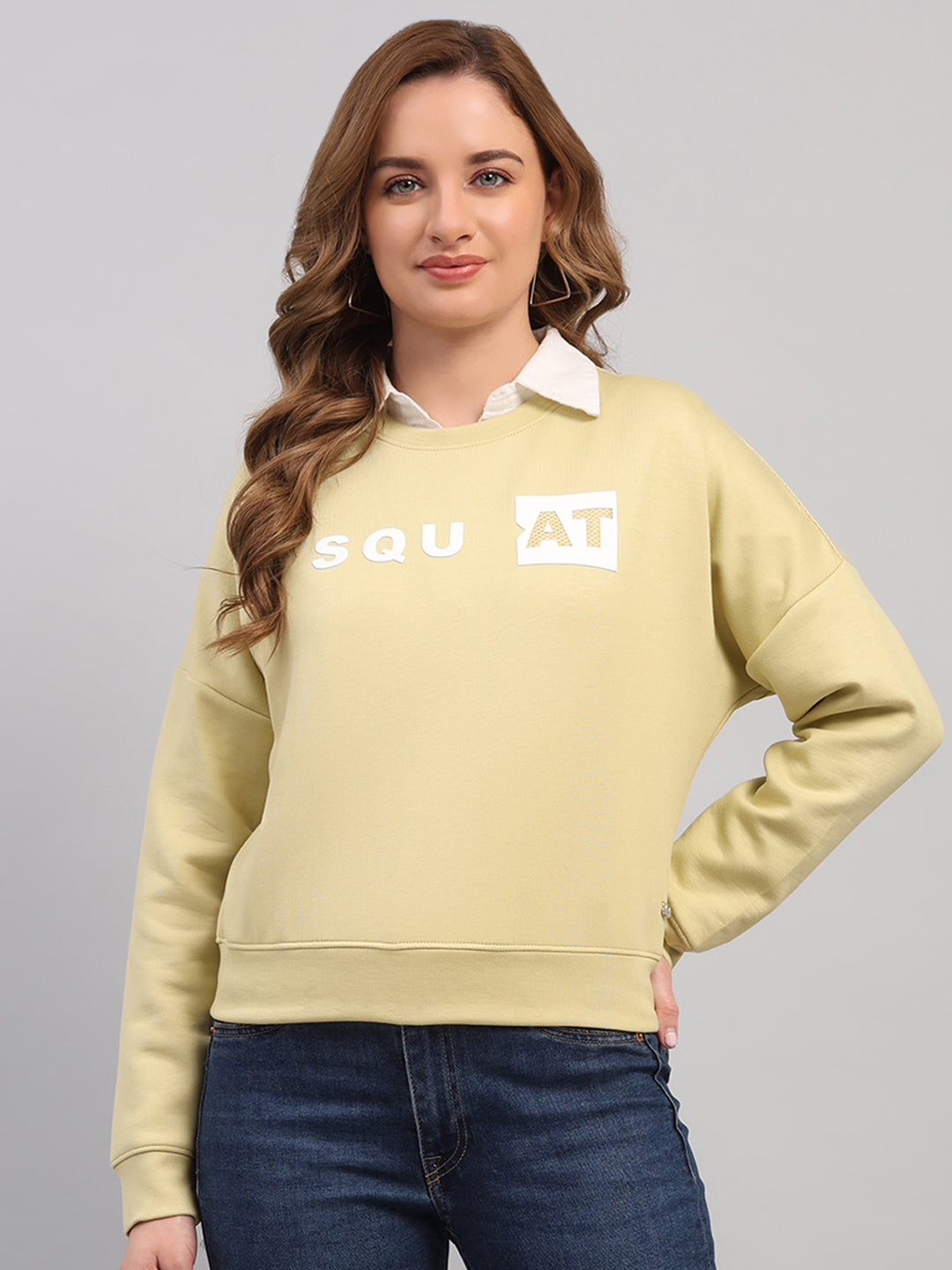 Women Green Printed Round Neck Full Sleeve Sweatshirt