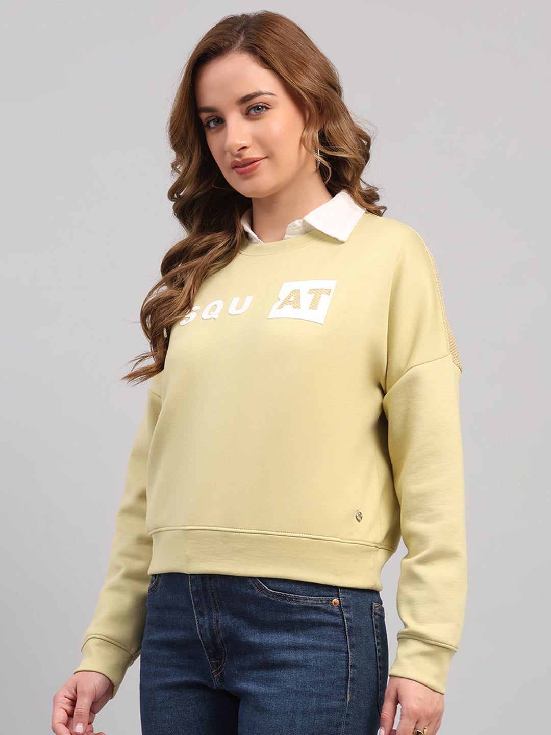 Women Green Printed Round Neck Full Sleeve Sweatshirt