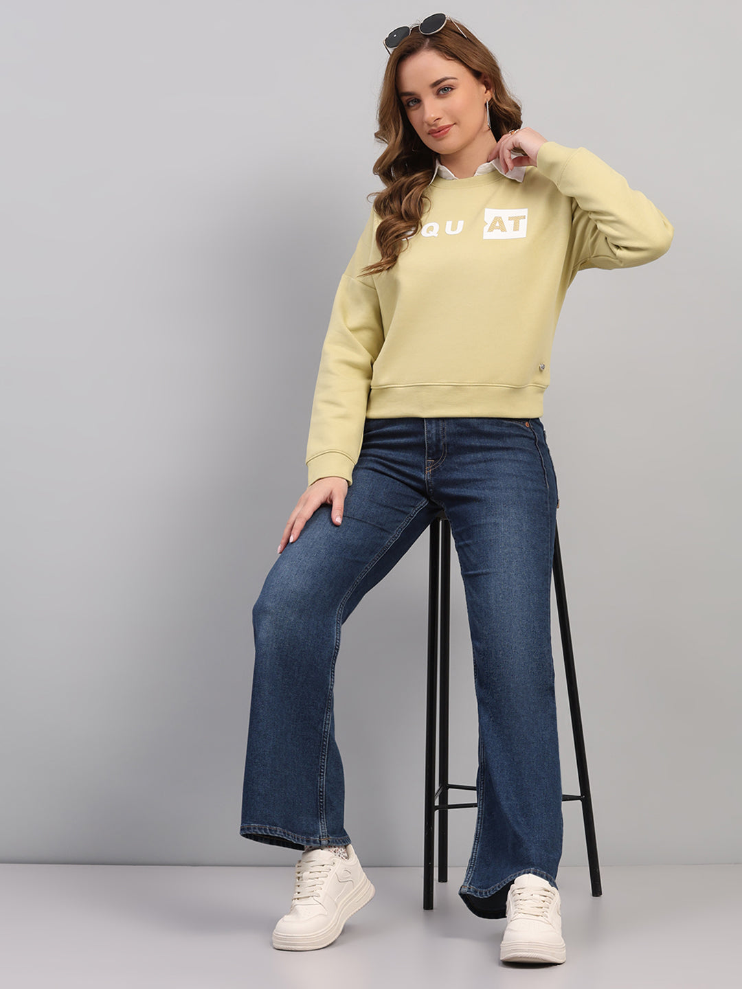 Women Green Printed Round Neck Full Sleeve Sweatshirt