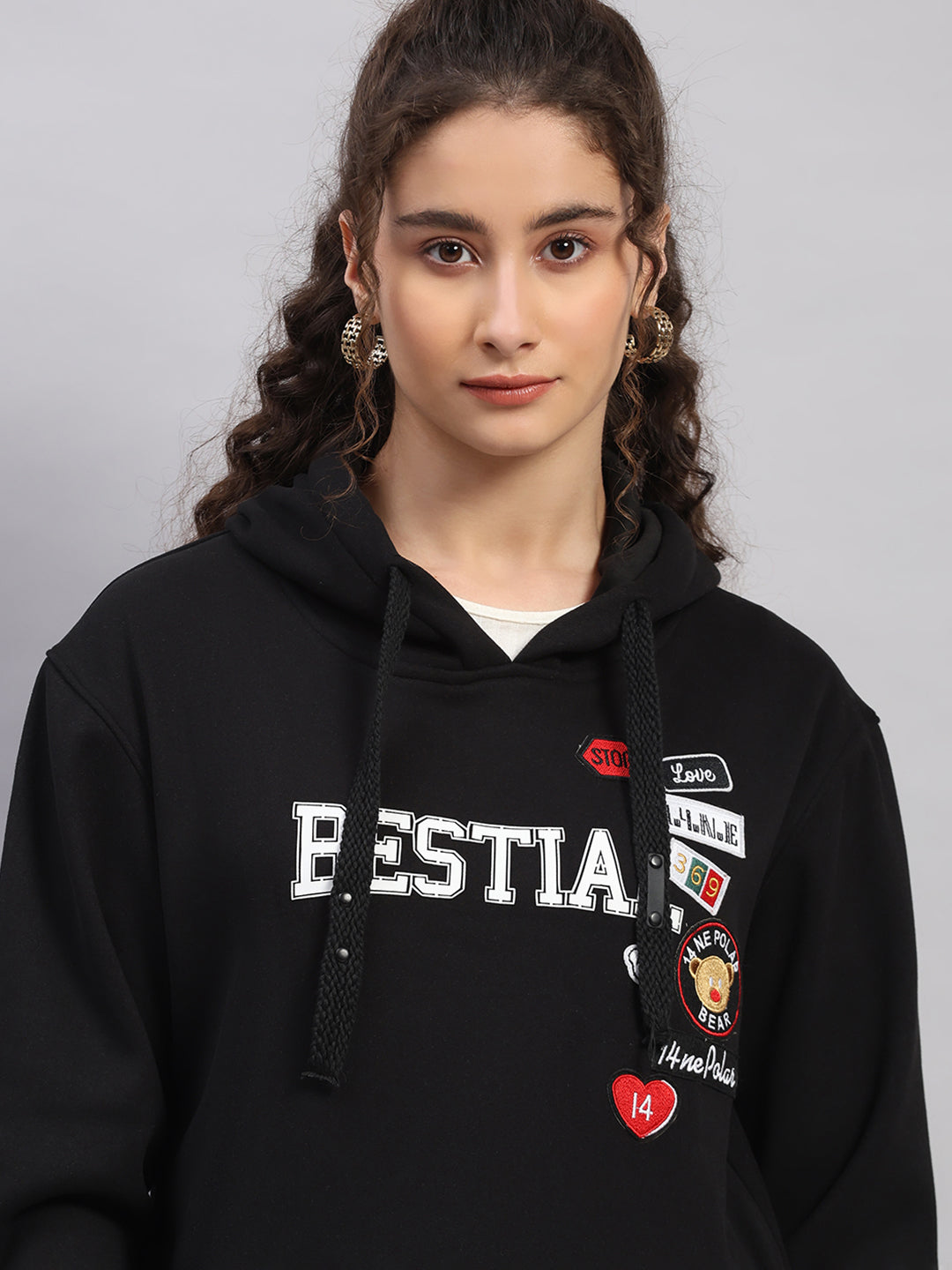 Women Black Printed Hooded Full Sleeve Sweatshirt