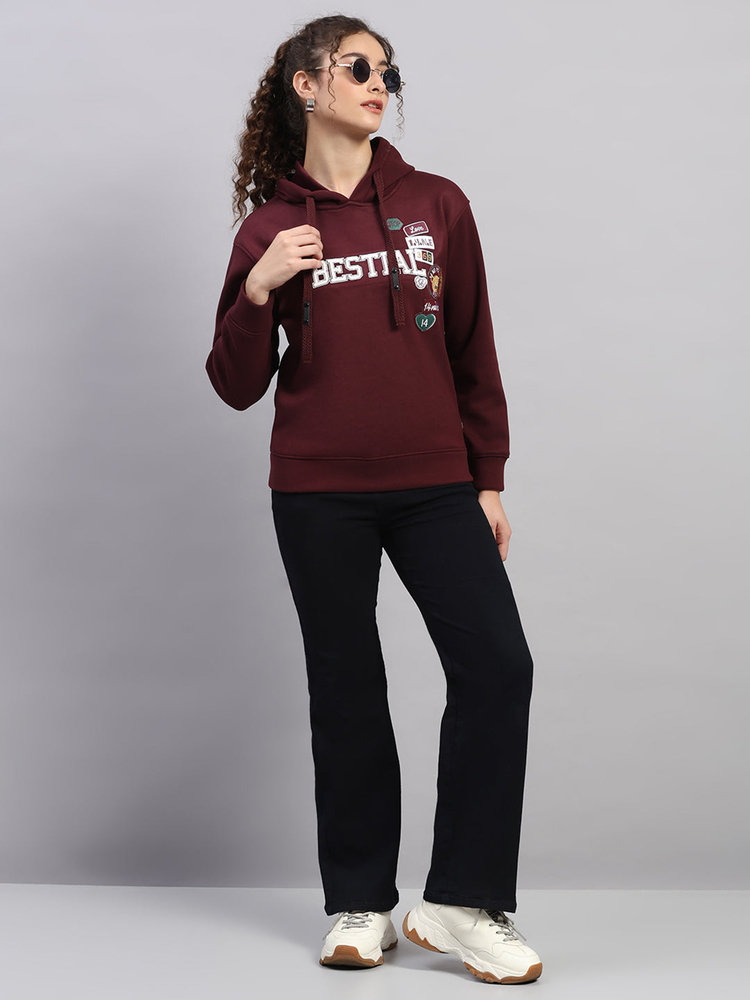 Women Burgundy Printed Hooded Full Sleeve Sweatshirt