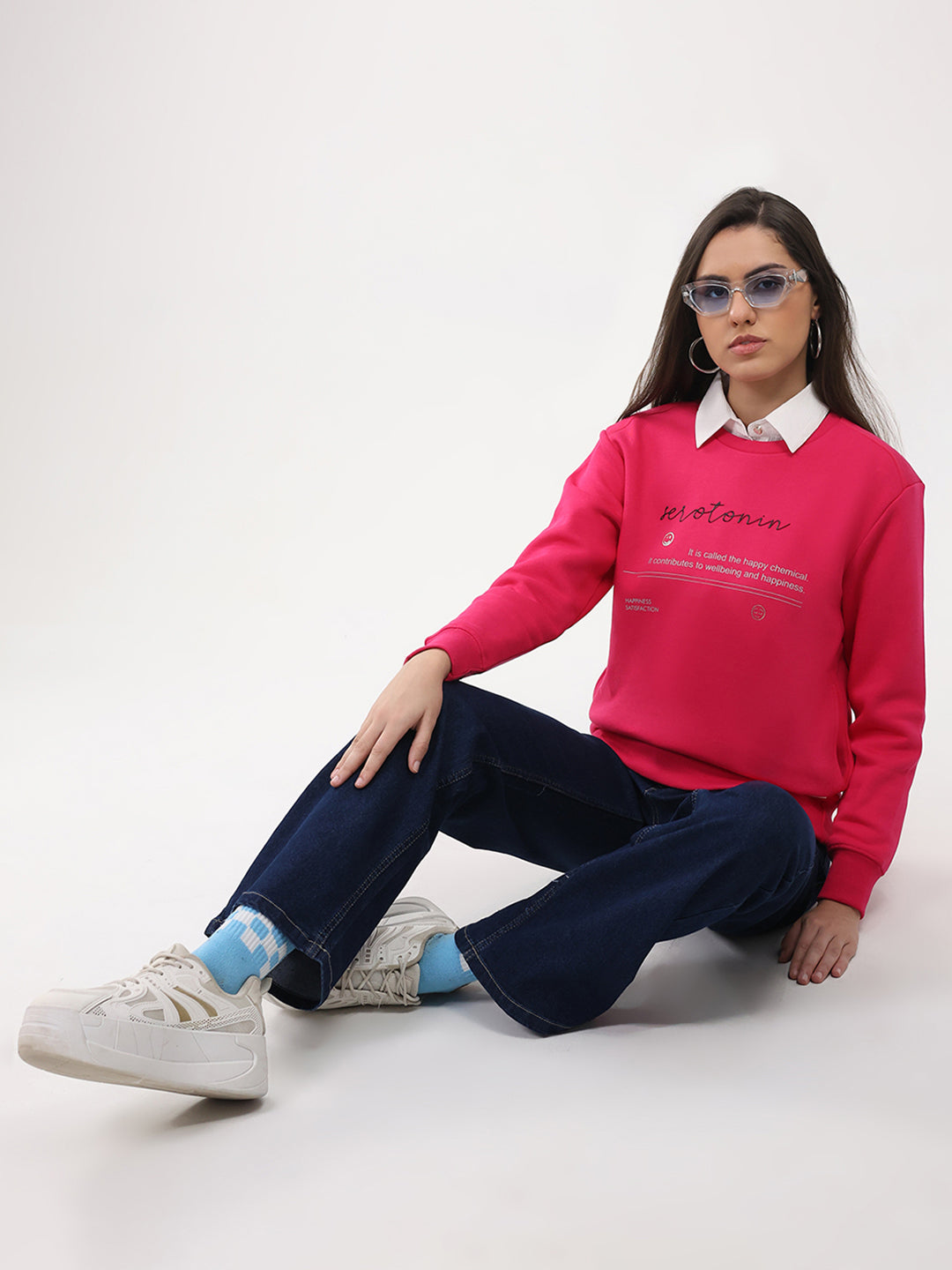 Women Magenta Printed Round Neck Full Sleeve Sweatshirt