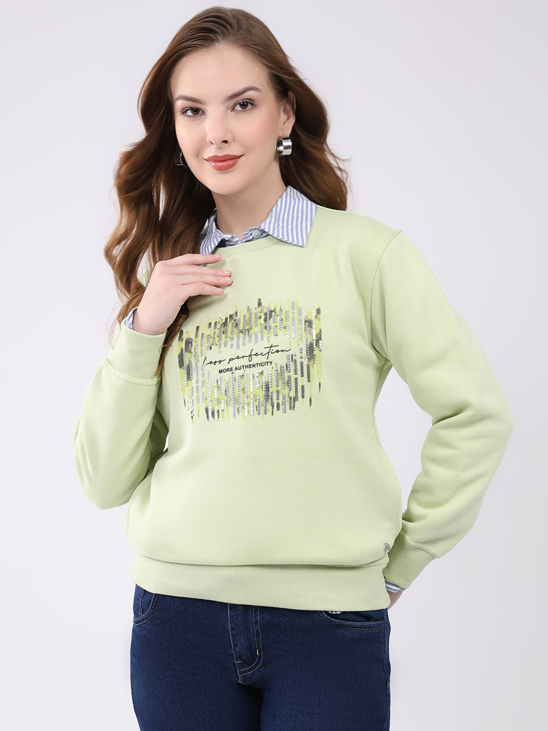 Women Green Printed Round Neck Full Sleeve Sweatshirt