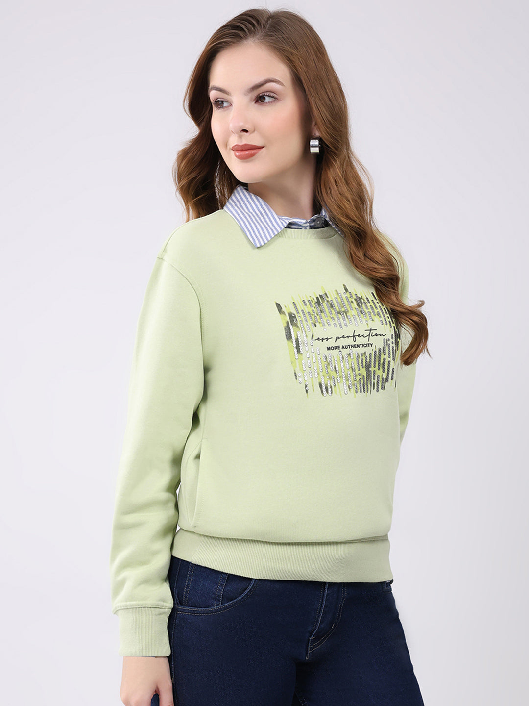 Women Green Printed Round Neck Full Sleeve Sweatshirt