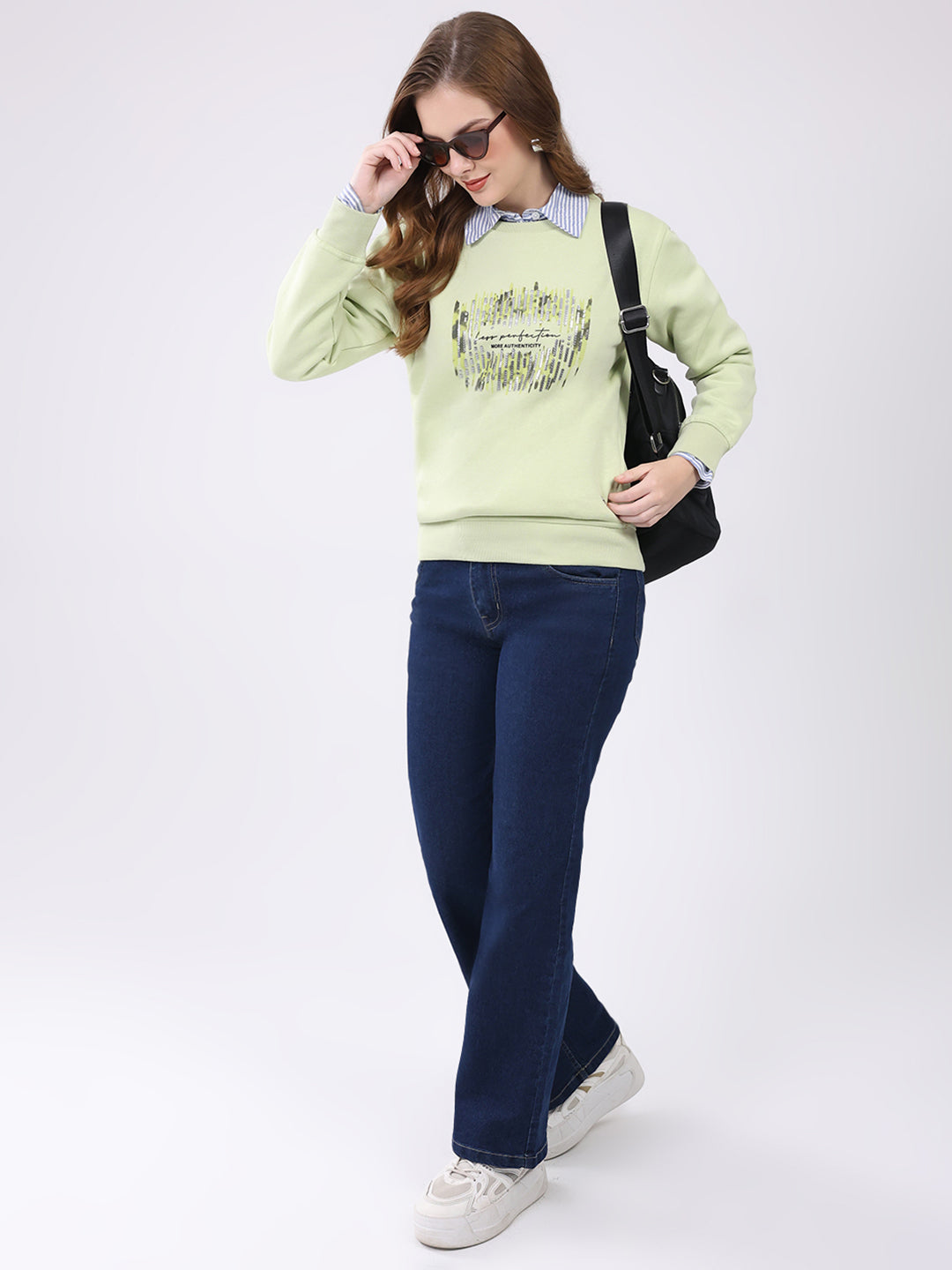 Women Green Printed Round Neck Full Sleeve Sweatshirt