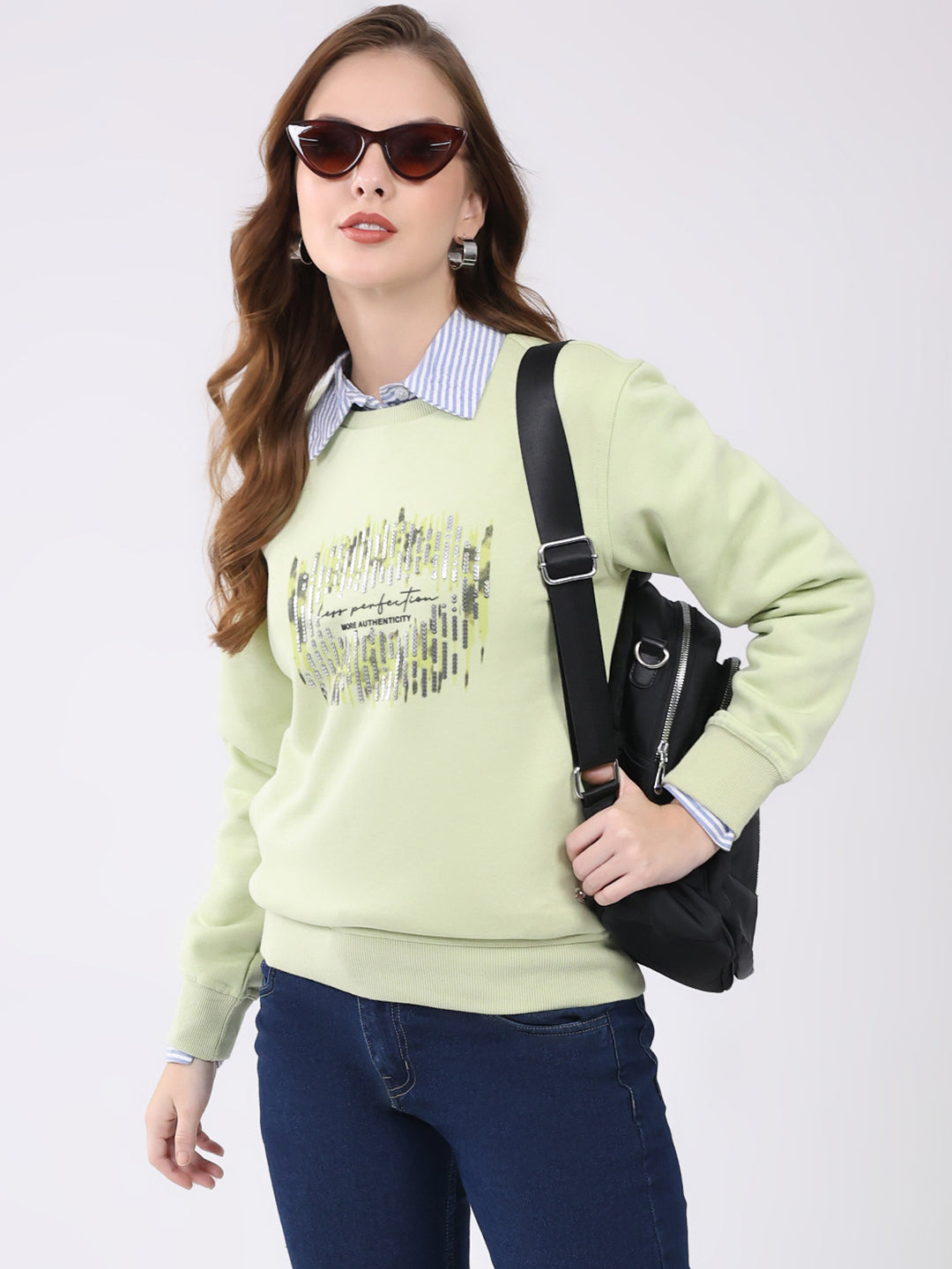 Women Green Printed Round Neck Full Sleeve Sweatshirt