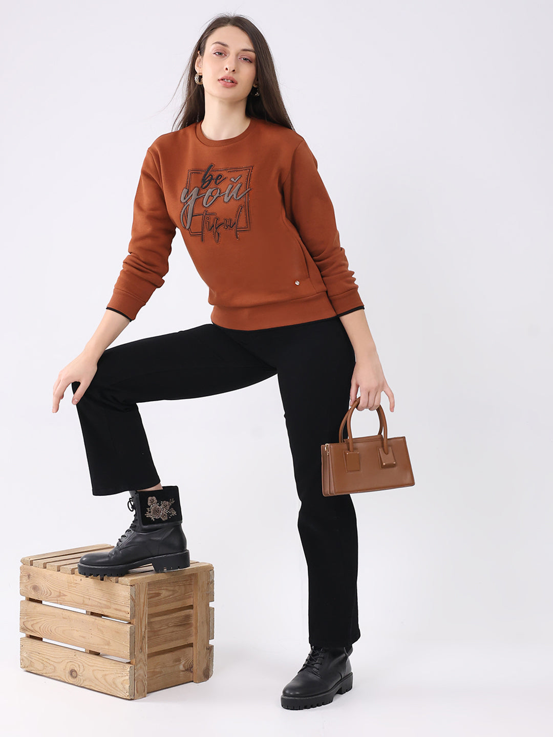 Women Rust Printed Round Neck Full Sleeve Sweatshirt