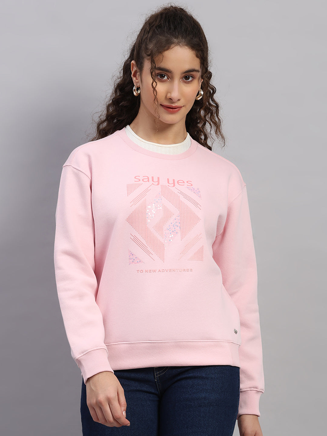 Women Pink Printed Round Neck Full Sleeve Sweatshirt