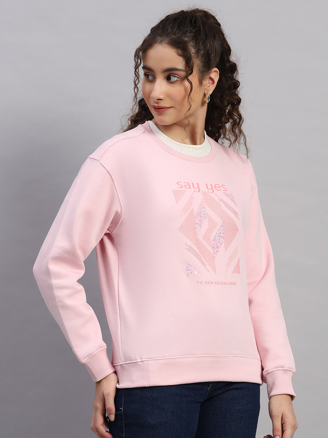 Women Pink Printed Round Neck Full Sleeve Sweatshirt