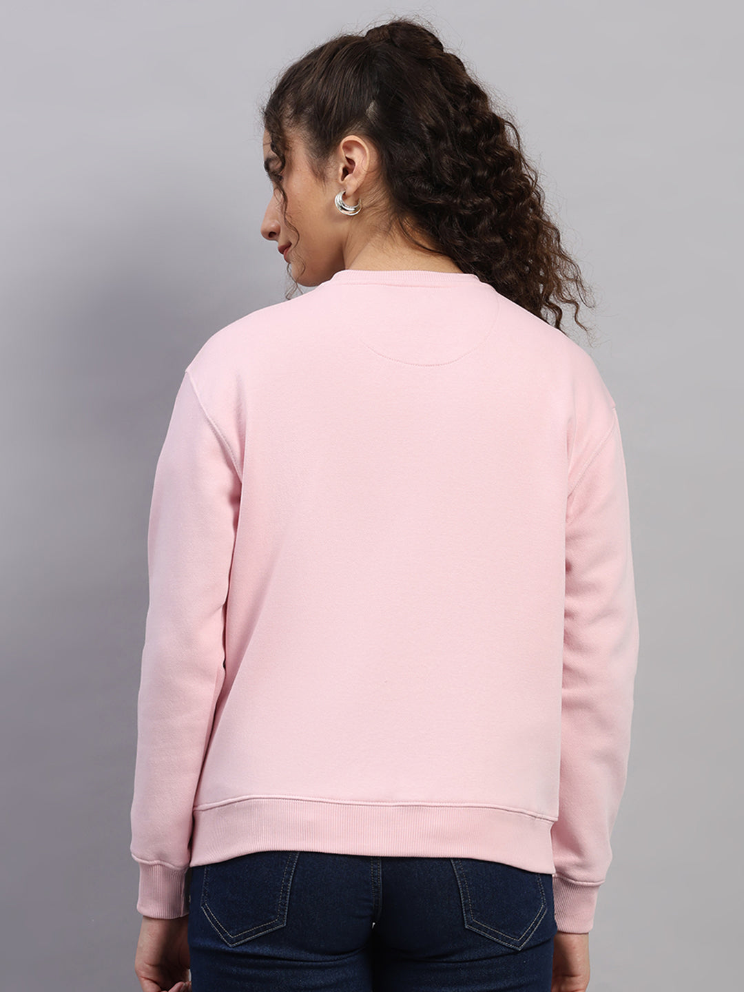 Women Pink Printed Round Neck Full Sleeve Sweatshirt