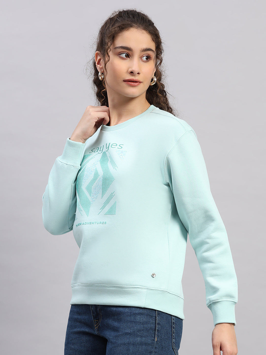 Women Sea Green Printed Round Neck Full Sleeve Sweatshirt