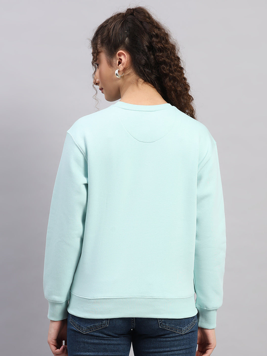 Women Sea Green Printed Round Neck Full Sleeve Sweatshirt