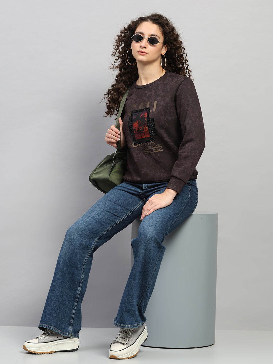 Women Purple Printed Round Neck Full Sleeve Sweatshirt