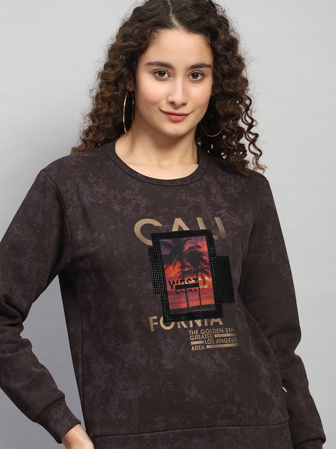 Women Purple Printed Round Neck Full Sleeve Sweatshirt