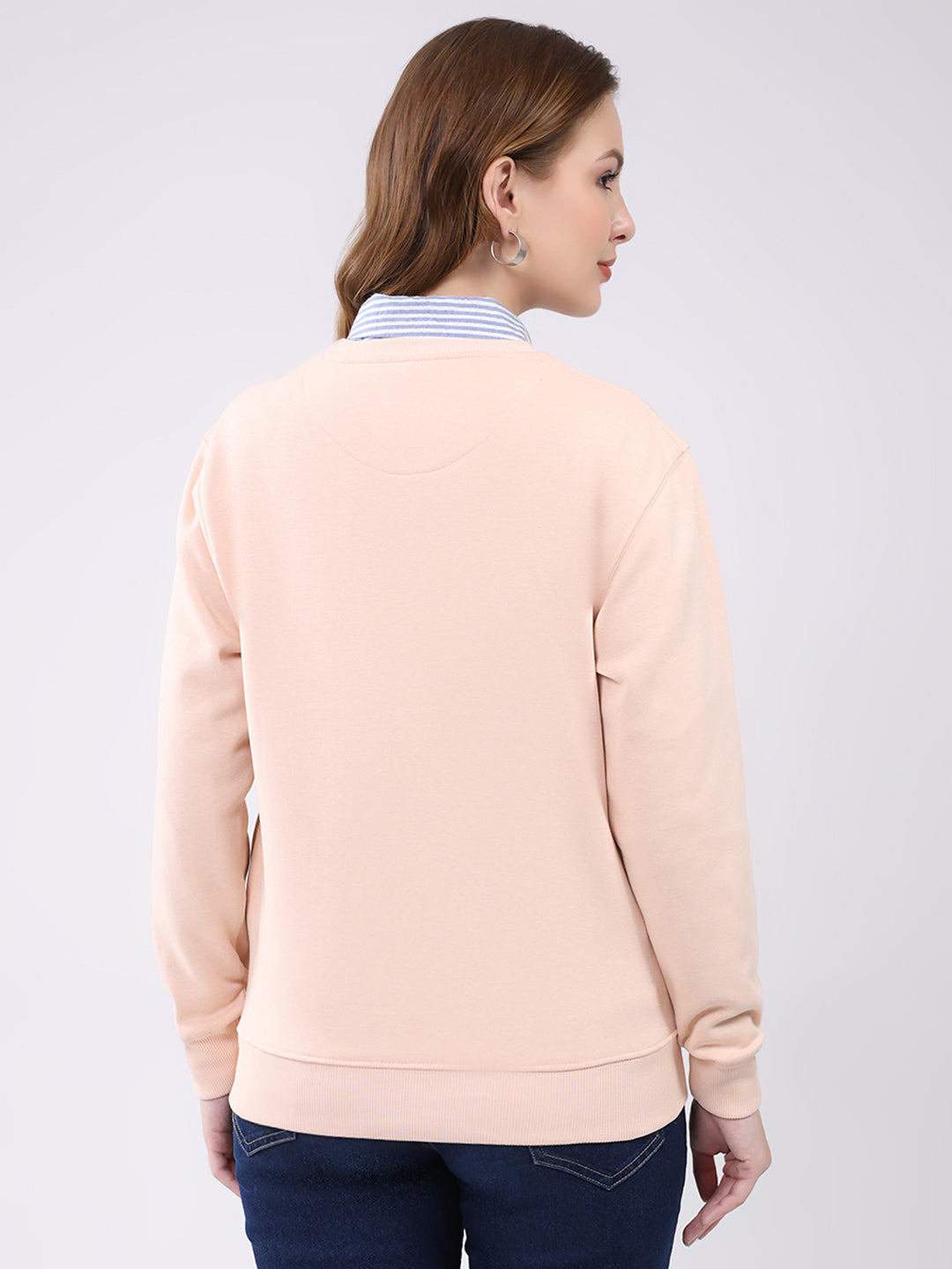 Women Peach Printed Round Neck Full Sleeve Sweatshirt