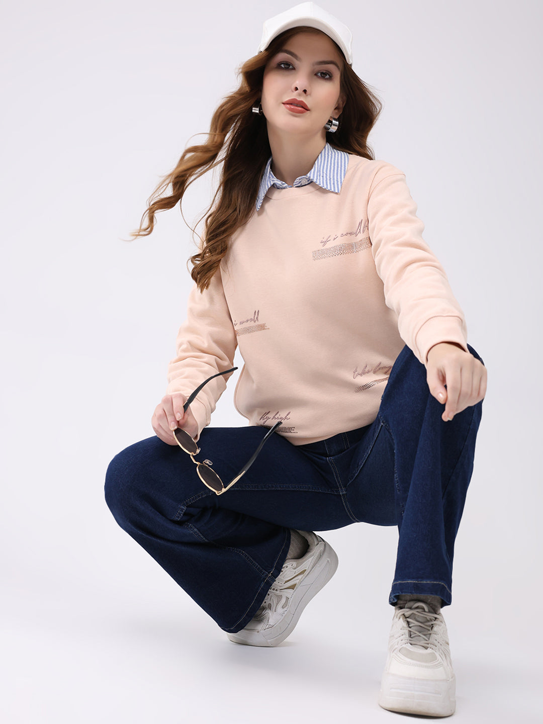 Women Peach Printed Round Neck Full Sleeve Sweatshirt