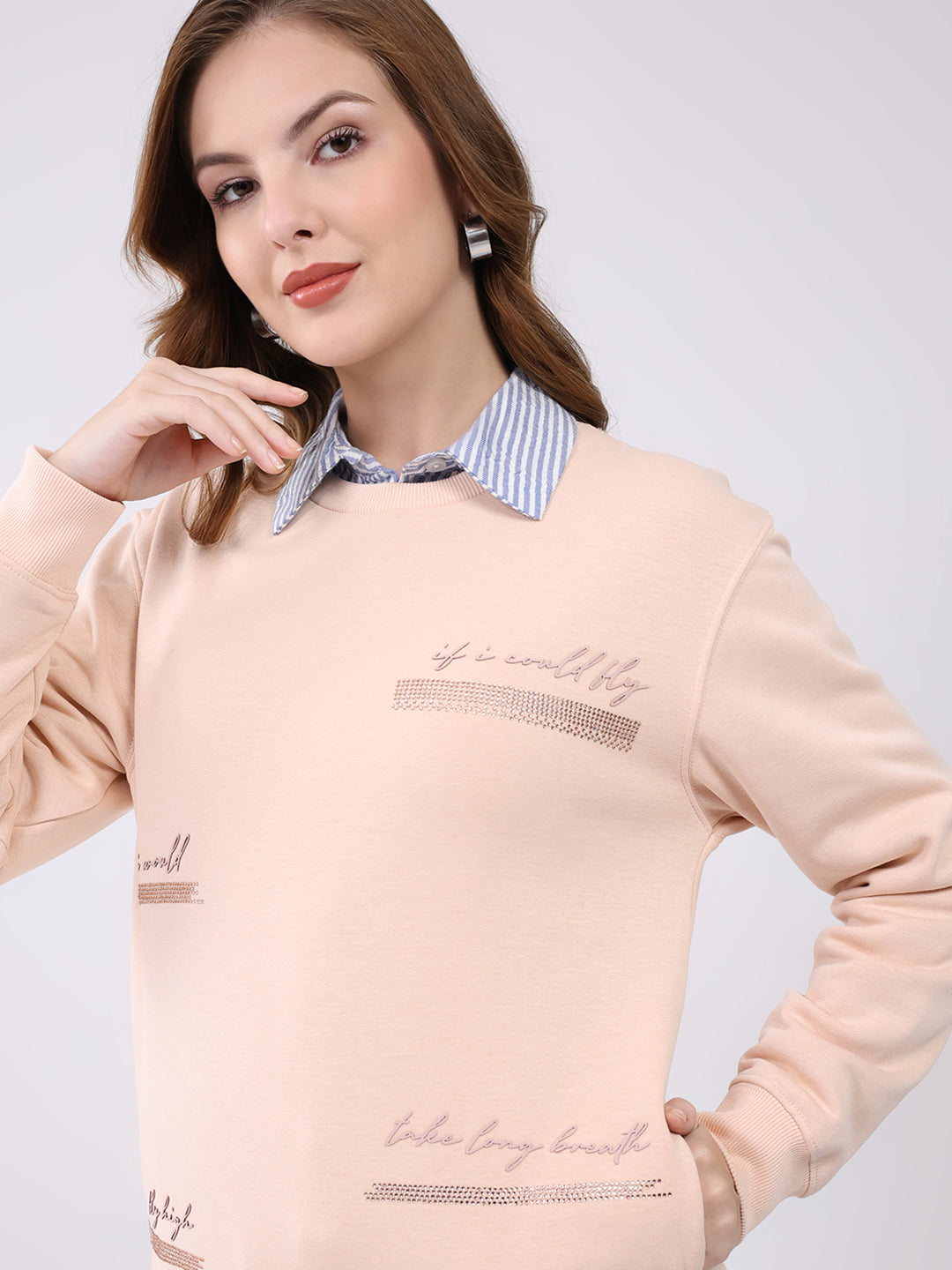 Women Peach Printed Round Neck Full Sleeve Sweatshirt