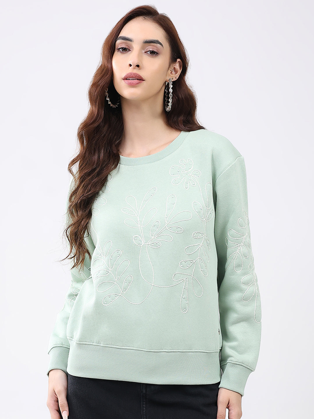 Women Green Self Design Round Neck Full Sleeve Sweatshirt