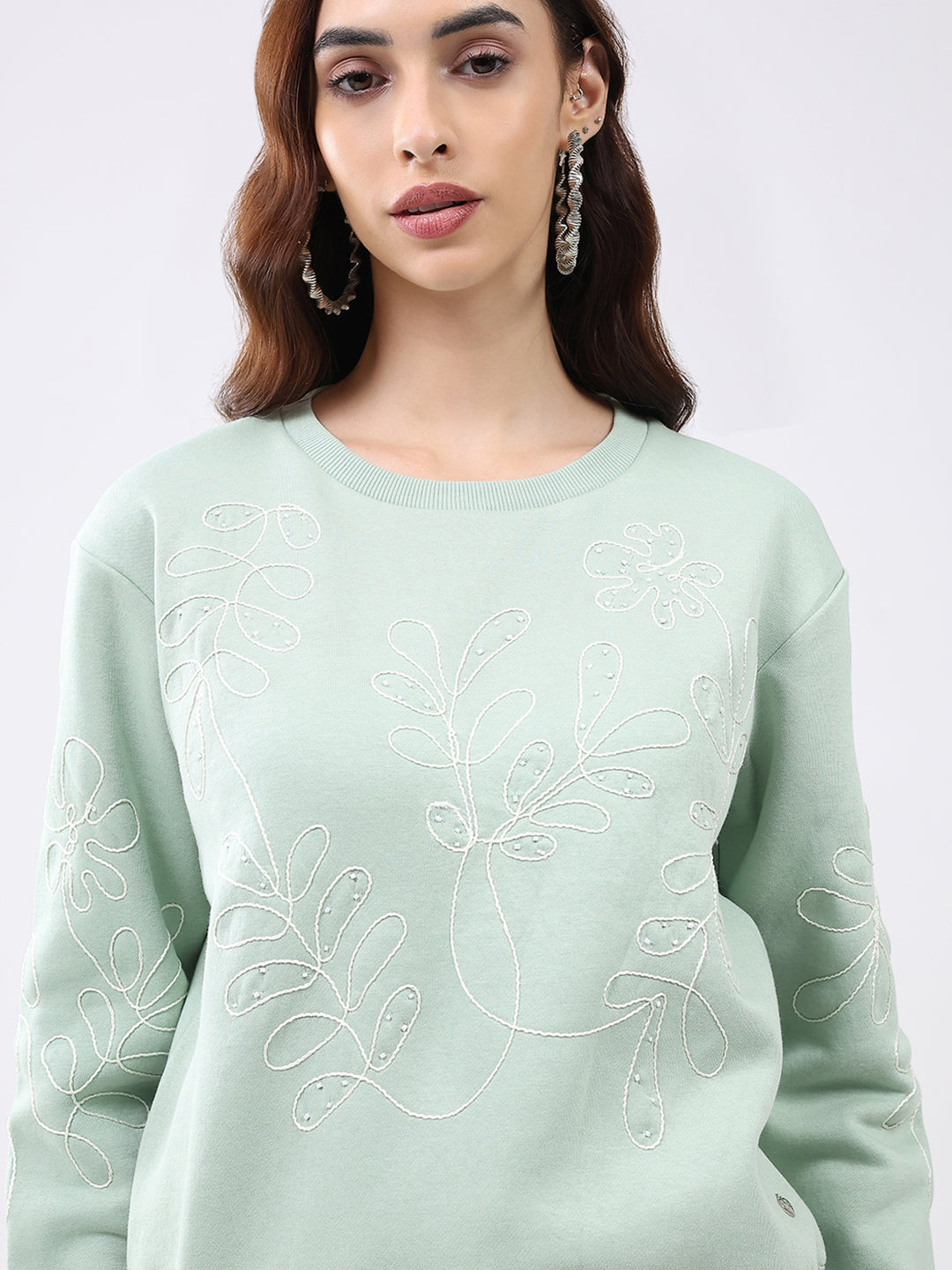 Women Green Self Design Round Neck Full Sleeve Sweatshirt
